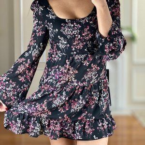 Socialite Floral Layering Dress Crisscross Backless Long Bell Sleeve Women's XS